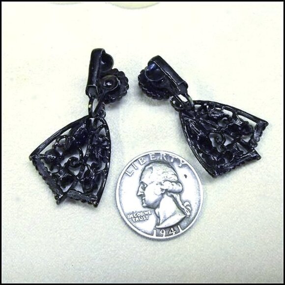 Florenza 1950s Vintage Clip Earrings Blue Green Japanned Jewels #16011 - Picture 5 of 5